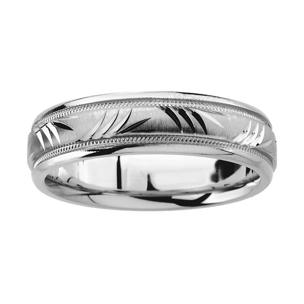 Diamond-Cut Palm Frond Pattern Comfort-Fit Band, 6mm 14k White Gold