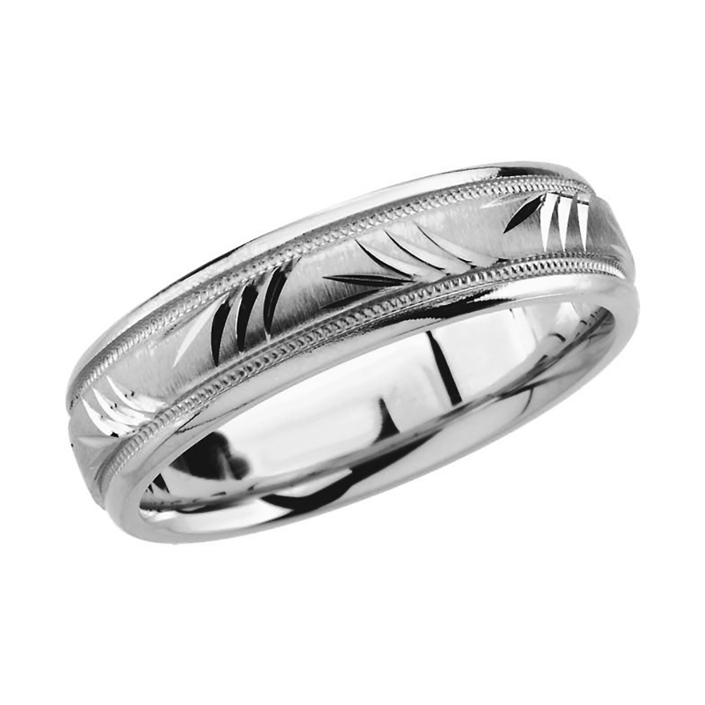 Diamond-Cut Palm Frond Pattern Comfort-Fit Band, 6mm 14k White Gold 