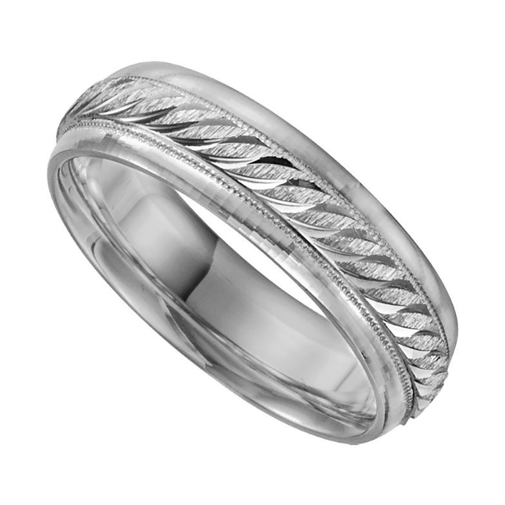 14k White Gold 6mm Two-Tone Milgrain Comfort-Fit Band