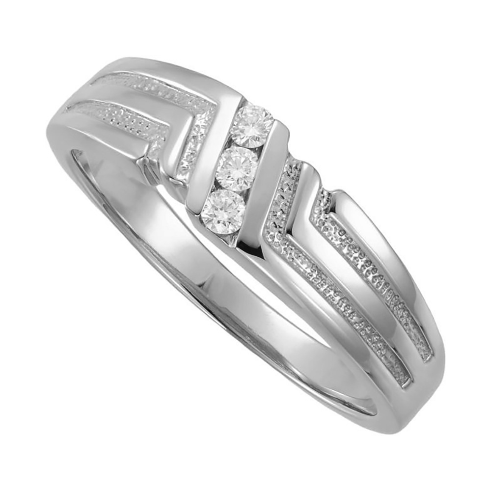 Men's Three Diamond Duo Band, 6.5mm Rhodium-Plated 14k White Gold