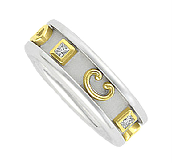 Etruscan Style Diamond Two-Tone Anniversary 14k White and Yellow Gold Band. 