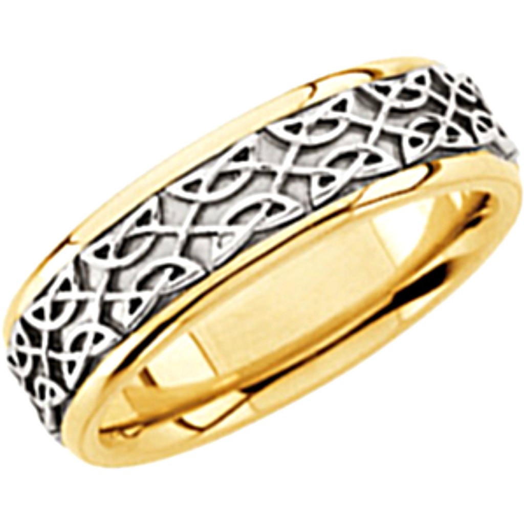 Two-Tone Celtic Design ComFort-Fit Band, 7mm Rhodium Plated 14k White And Yellow Gold