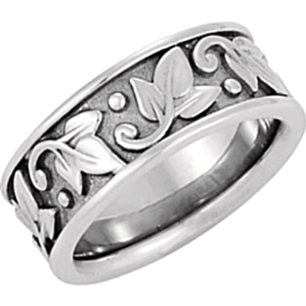 Leaf Design 8mm Rhodium-Plated 14k White Gold Band