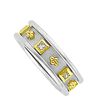 Two-Tone Square Princess Diamond Etruscan Style 14k White and Yellow Gold Band. 