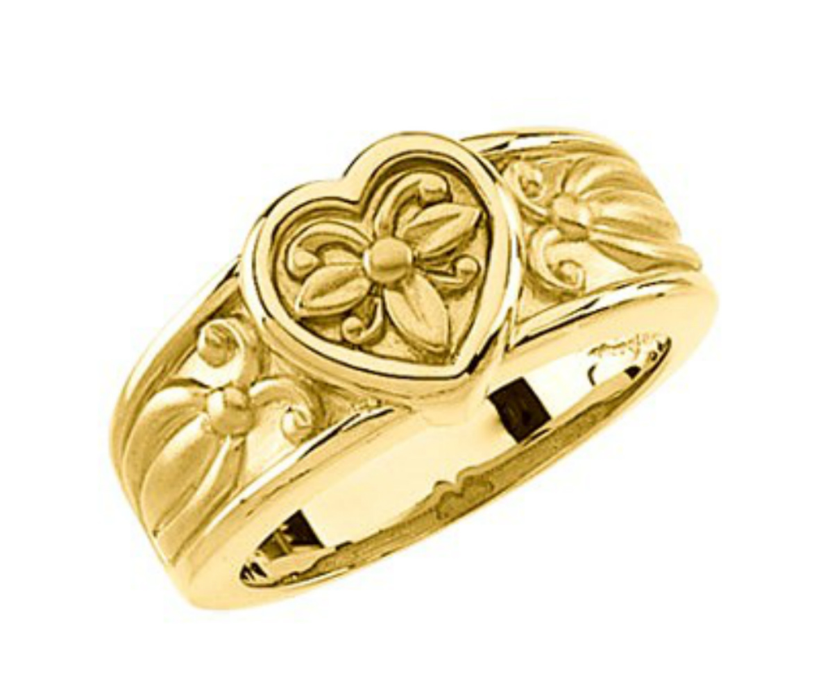 Engraved Heart Design Ring, 9.5mm Rhodium-Plated 10k Yellow Gold