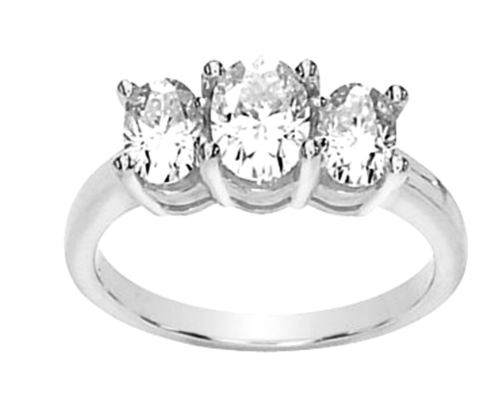 Charles & Colvard 14k white gold three-stone oval moissanite ring.