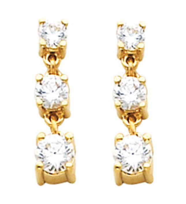 Charles & Colvard 14k Yellow Gold Three Stone Moissanite Drop Earrings