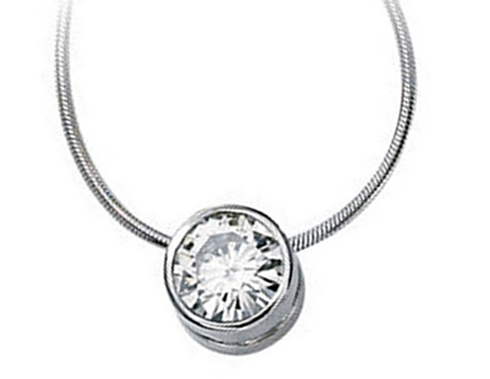 14k white gold bezel set moissanite slide pendant necklace with 18 inch snake chain.