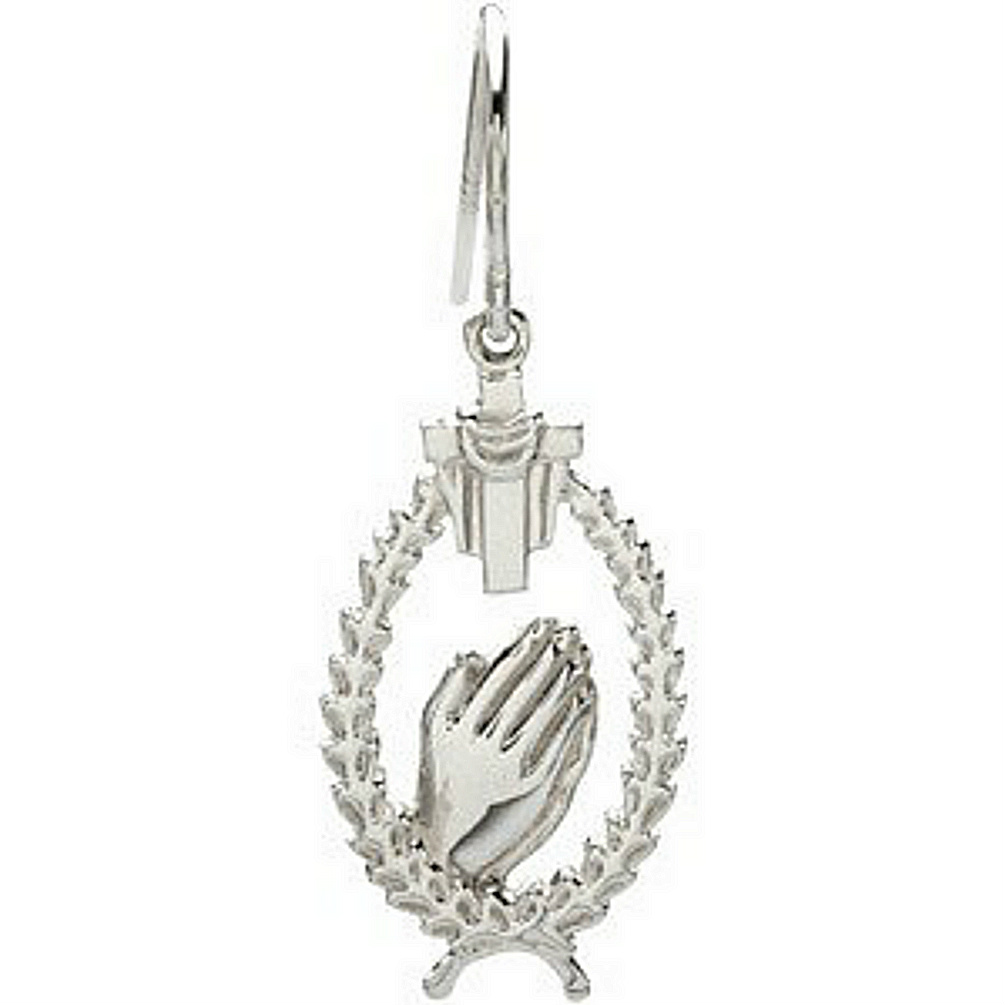 14k White Gold or Sterling Silver Cross and Praying Hands Single Earring with French Wire.