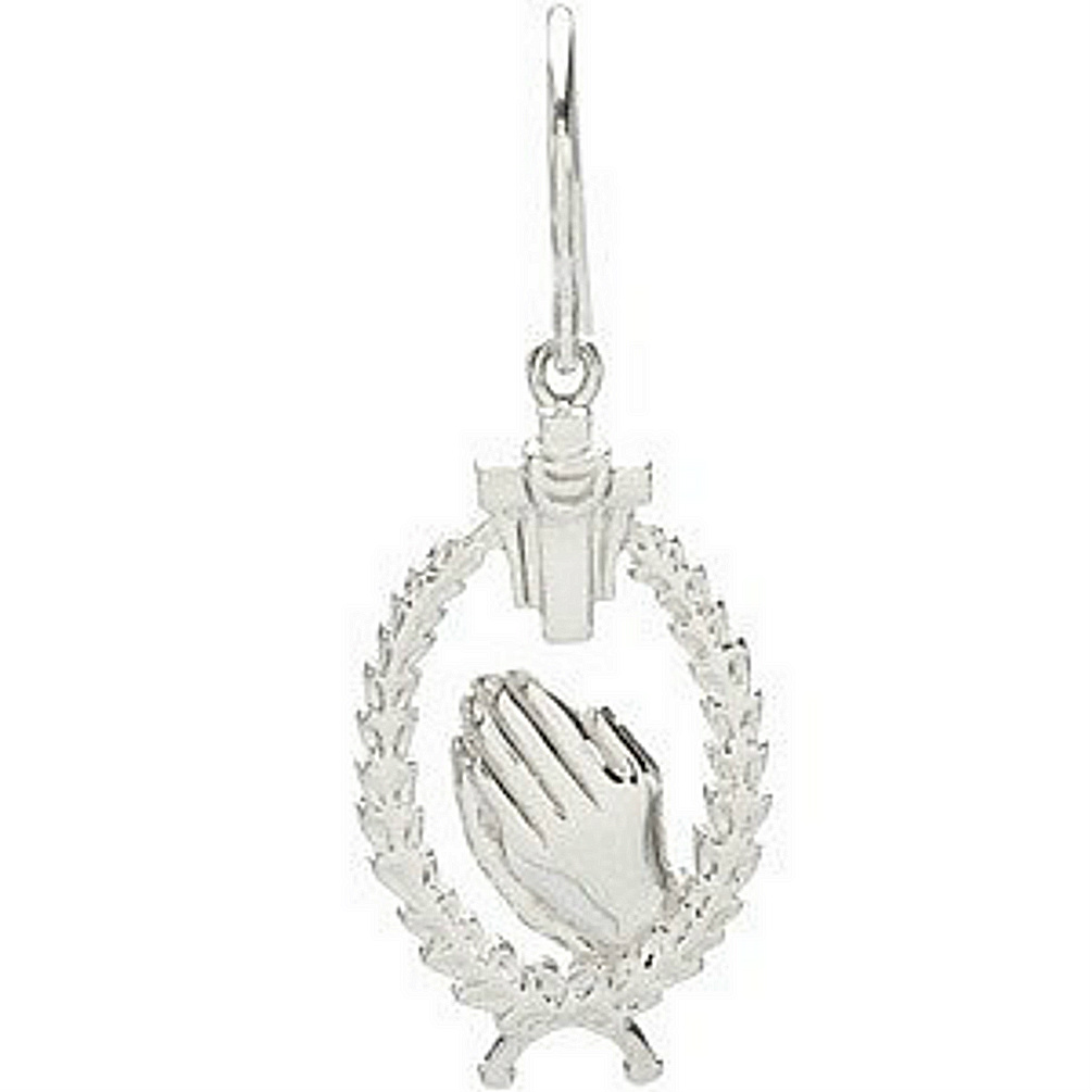 14k white gold or sterling silver cross and praying hands single earring for left ear.