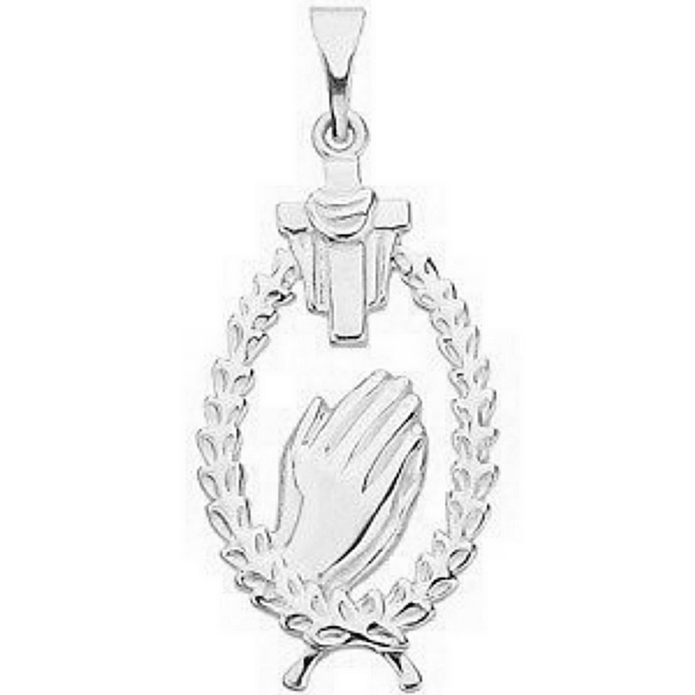 14k White Gold Robed Cross Praying Hands Pendant.