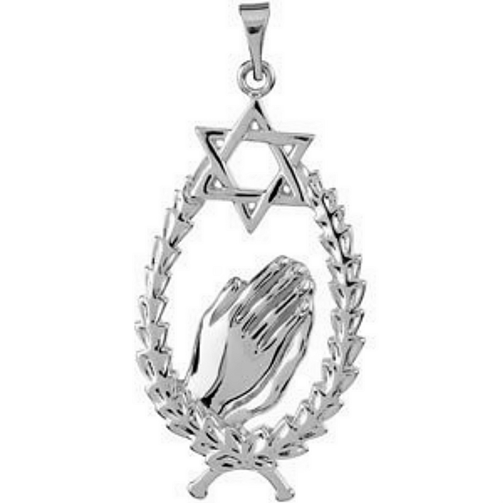 14k white gold Star of David above praying hands in an oval wheat trim border pendant.