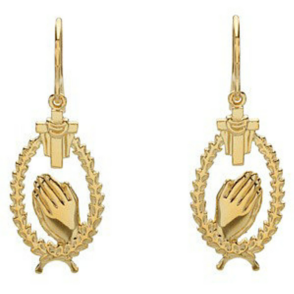 14k yellow gold robed cross and praying hands earrings.