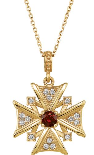 Gorgeous Garnet and Diamond Cross necklace in 14k yellow gold from The Men's Jewelry Store