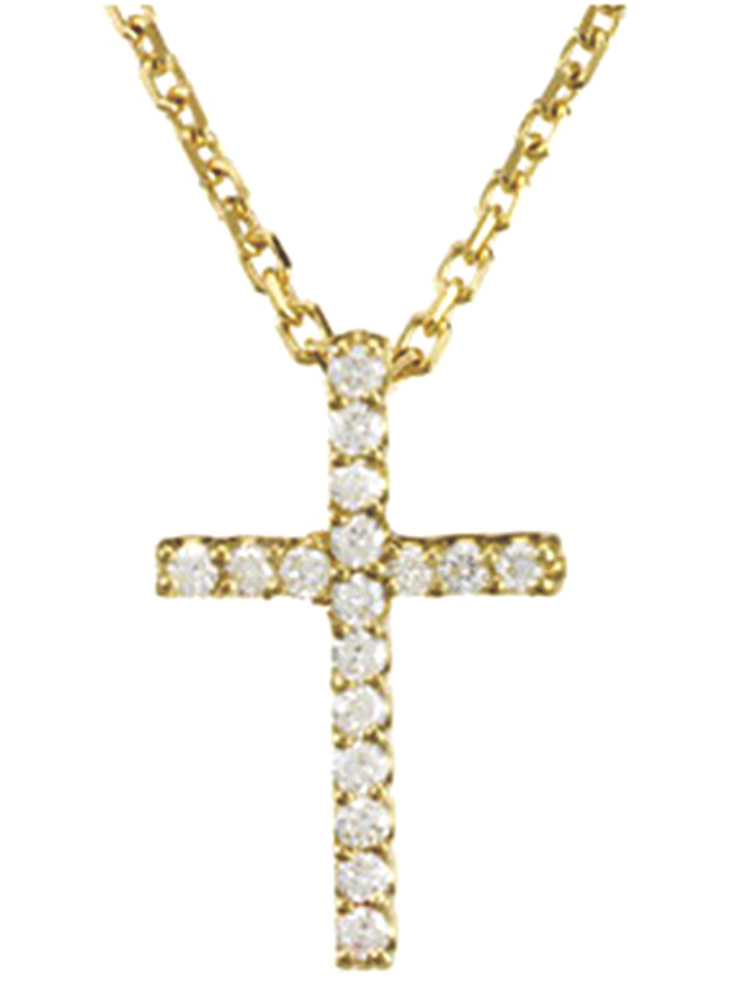 14k yellow gold petite diamond cross necklace is 16 inches long.