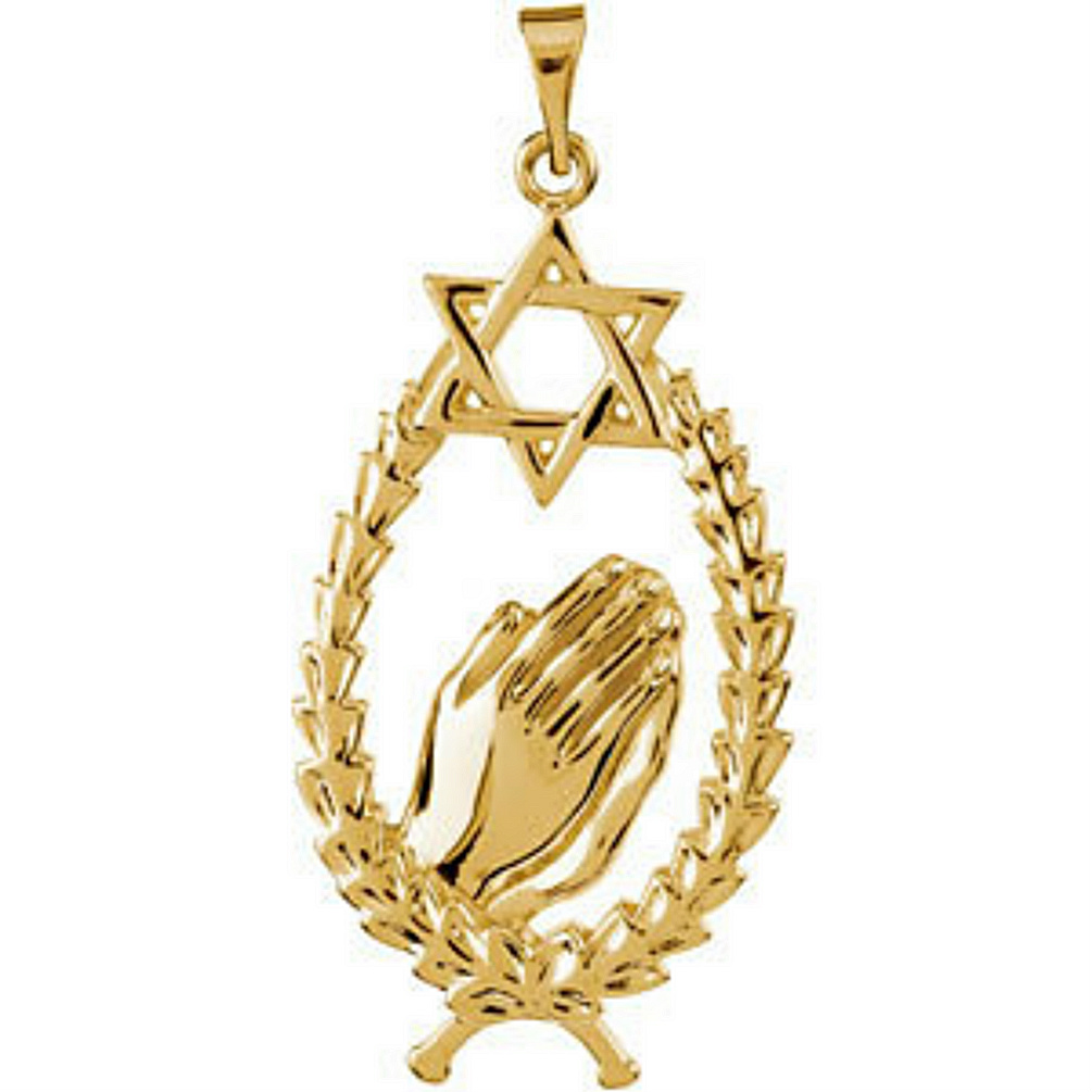 14k yellow gold Star of David above praying hands pendant.