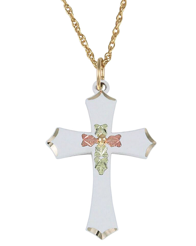 "White Powder Coated Pointed Cross Necklace, 10k Yellow Gold, 12k Green and Rose Gold Black Hills Gold Motif "c