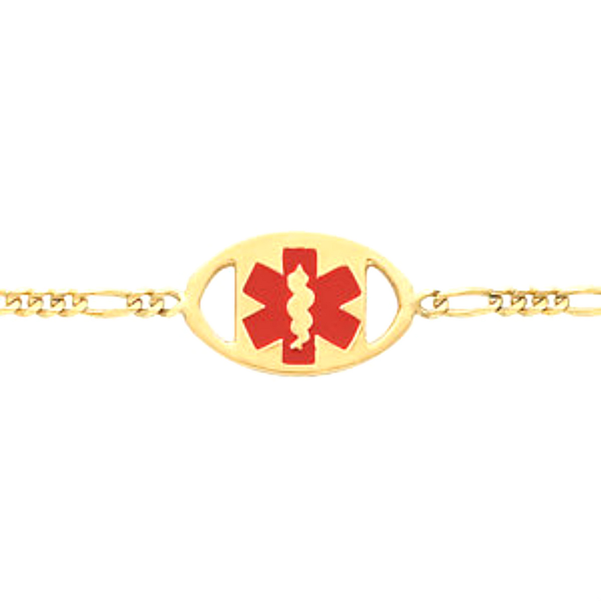 Oval Medical I.D. Bracelet with Figaro Chain, 14k Yellow Gold, 7'. 