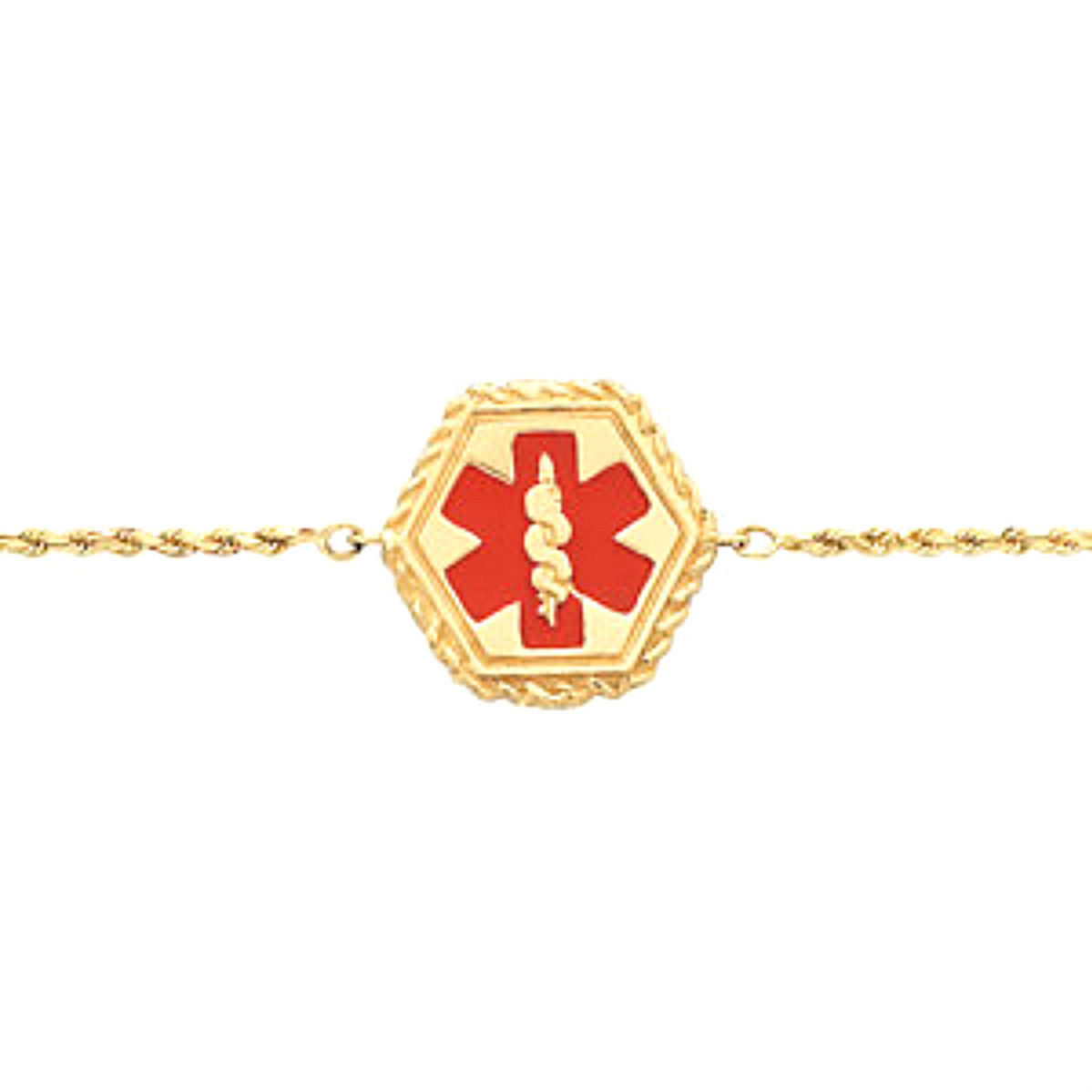  Medical ID Bracelet with Red Enamel, 14k Yellow Gold, 7'. 