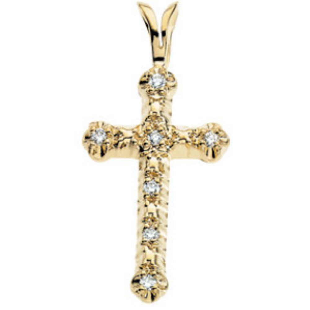 14k yellow gold vintage style diamond cross with seven diamonds.