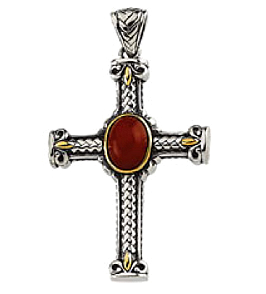 Sterling silver cross with 14k yellow gold accents and an oval cabochon red jade gemstone featured on-center of cross pendant.