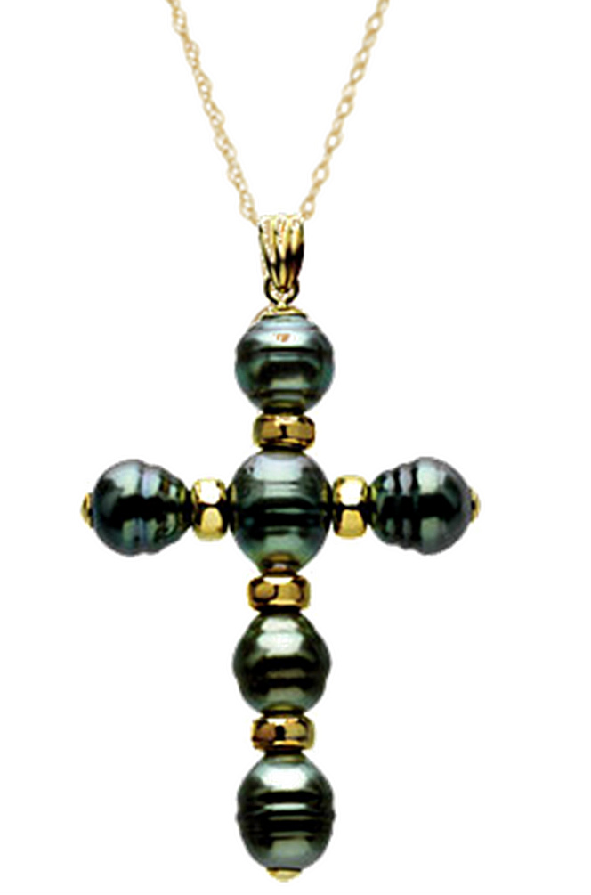 Mens Large Tahitian Cultured Circle Pearl and 14k Yellow Gold Cross Necklace with a 1 millimeter 14k yellow gold solid rope chain that is 18 inches long.