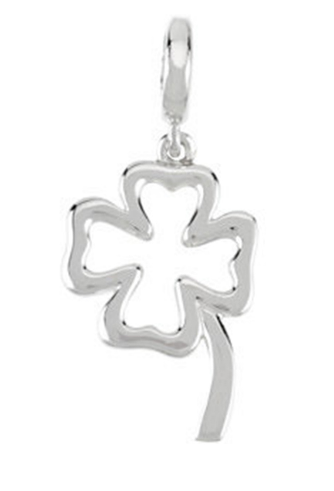 Petite four leaf clover charm, sterling silver, with an easy clip on and off clasp.