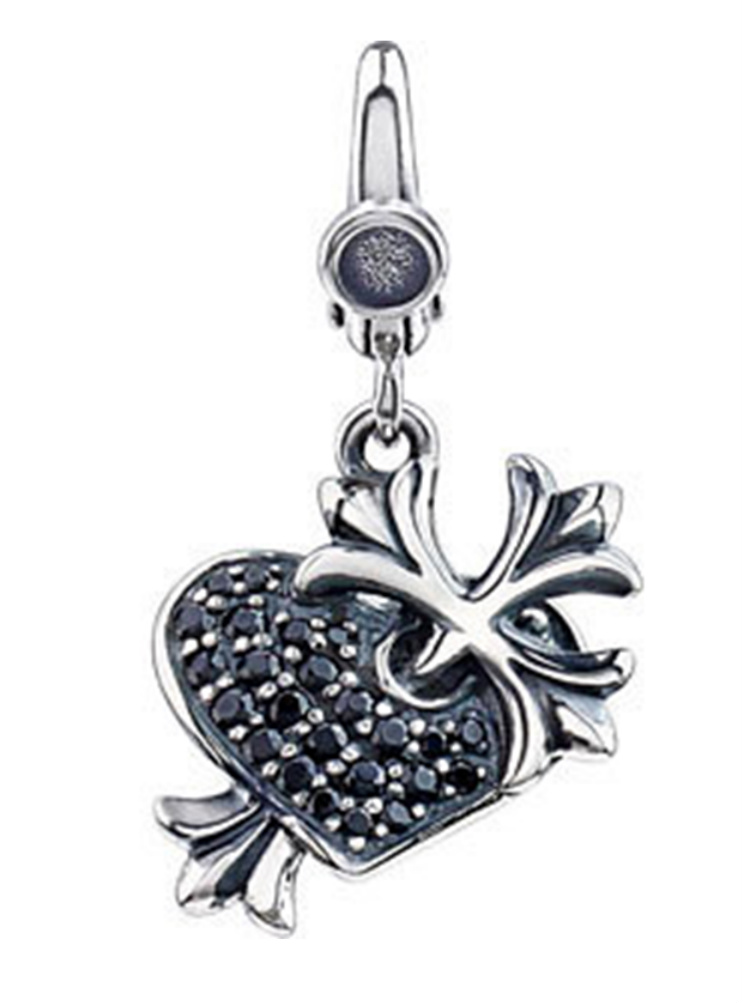 Black cz heart and Fleur de Lys cross charm in sterling silver with easy clip-on clasp.