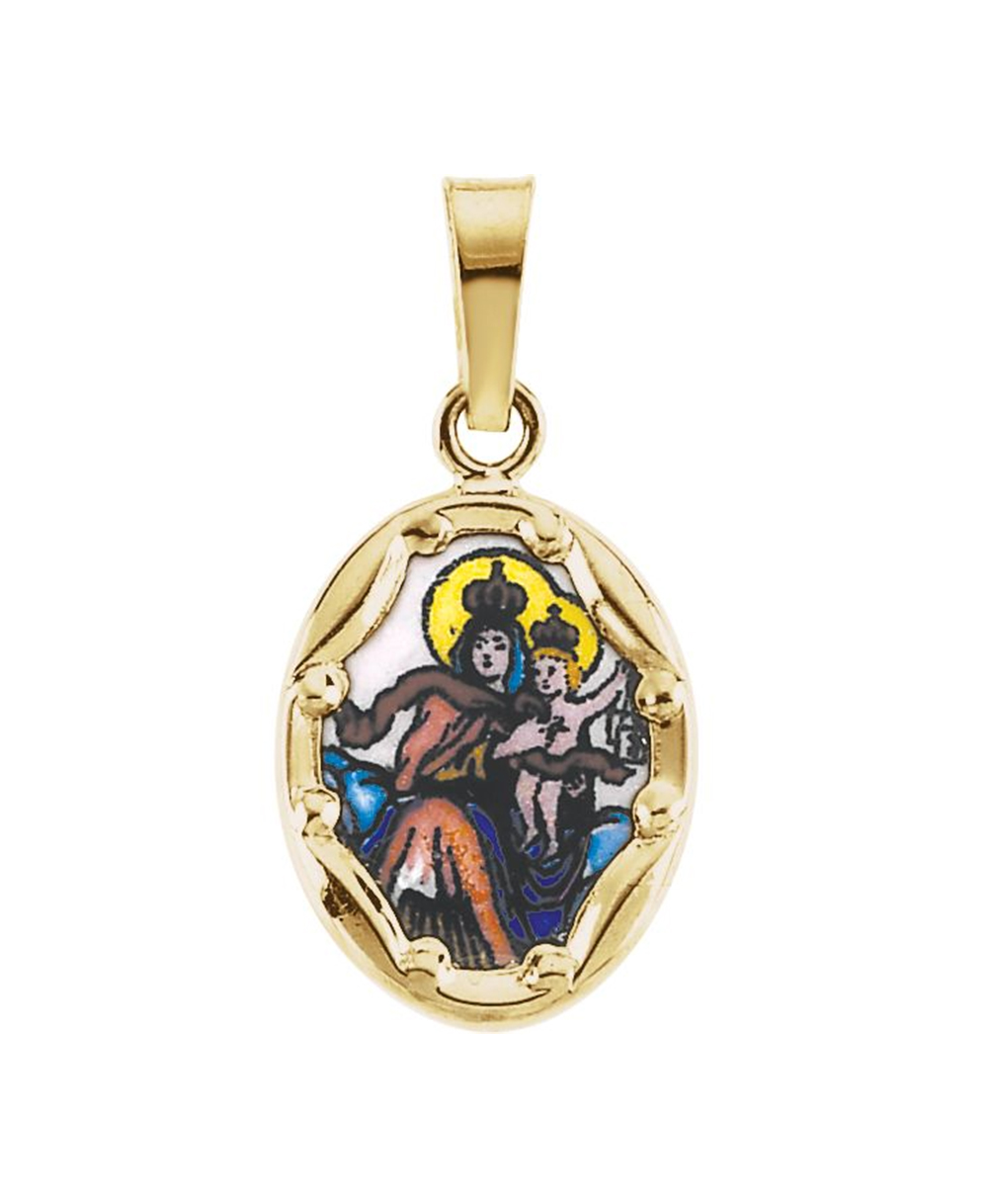 14k Yellow Gold Hand Painted Porcelain Scapular Pendant .