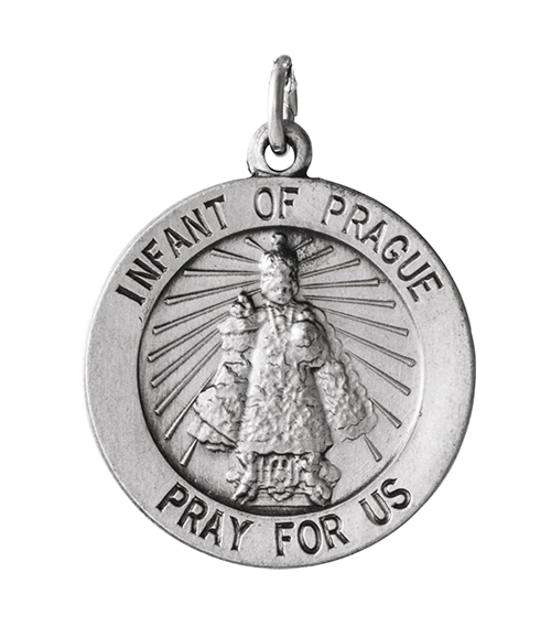 Sterling Silver Round Infant of Prague Medal Necklace, 18" (18 MM).