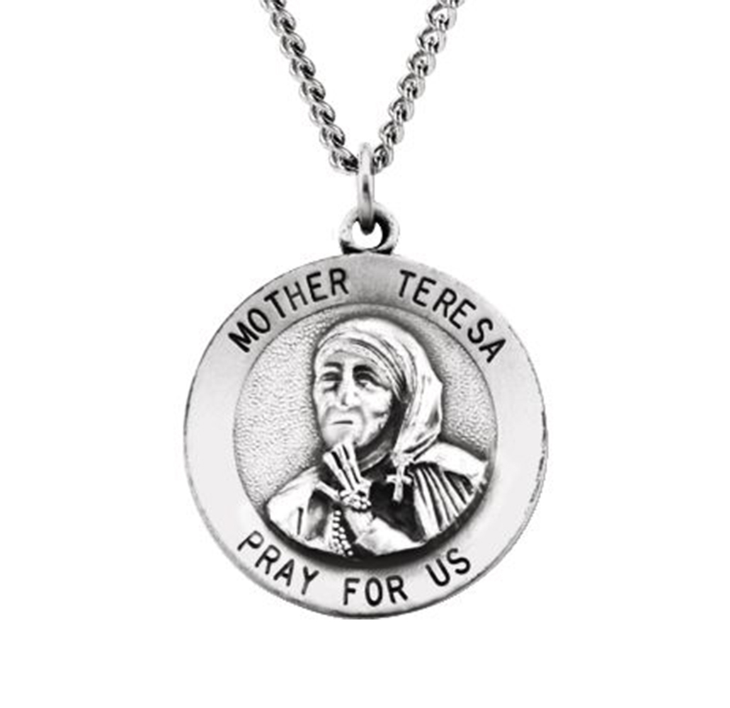 Sterling Silver Round Mother Teresa Medal Pendant Necklace, 18" (18 MM).