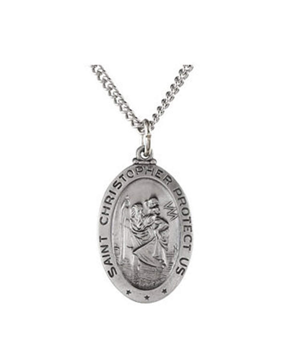 Sterling Silver St. Christopher Oval Medal Necklace, 24" (23.75x16.25 MM).