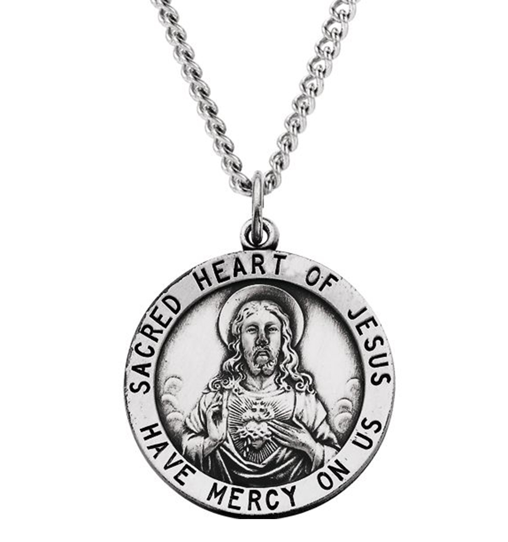 Sterling Silver Sacred Heart of Jesus Necklace, 24" (25 MM).