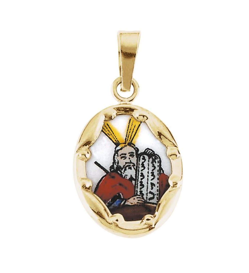 14k Yellow Gold Moses Hand-Painted Porcelain Medal (13x10 MM).