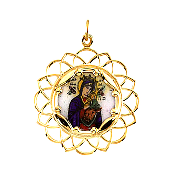 10k Yellow Gold Our Lady of Perpetual Help Framed Enamel Pendant (25.75x25.75 MM).