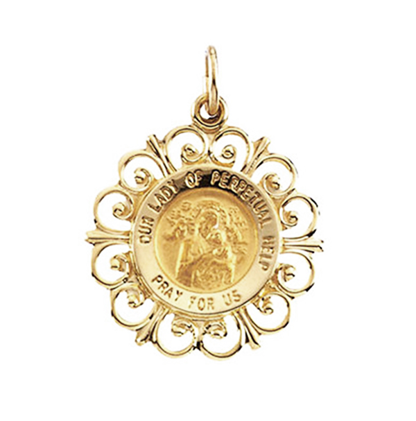 14k Yellow Gold Round Our Lady of Perpetual Help Medal (18.5 MM).