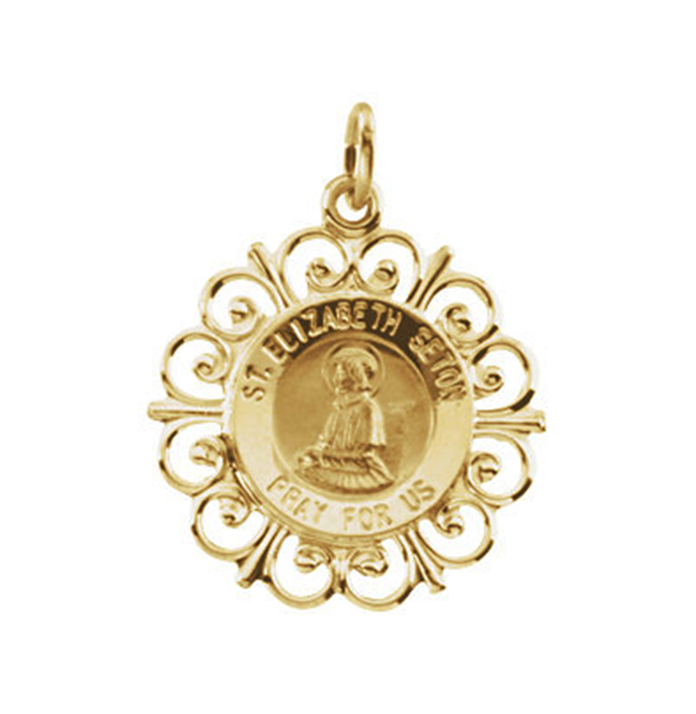 Rhodium Plated 14k Yellow Gold Round St. Elizabeth Seton Medal (18.5 MM).