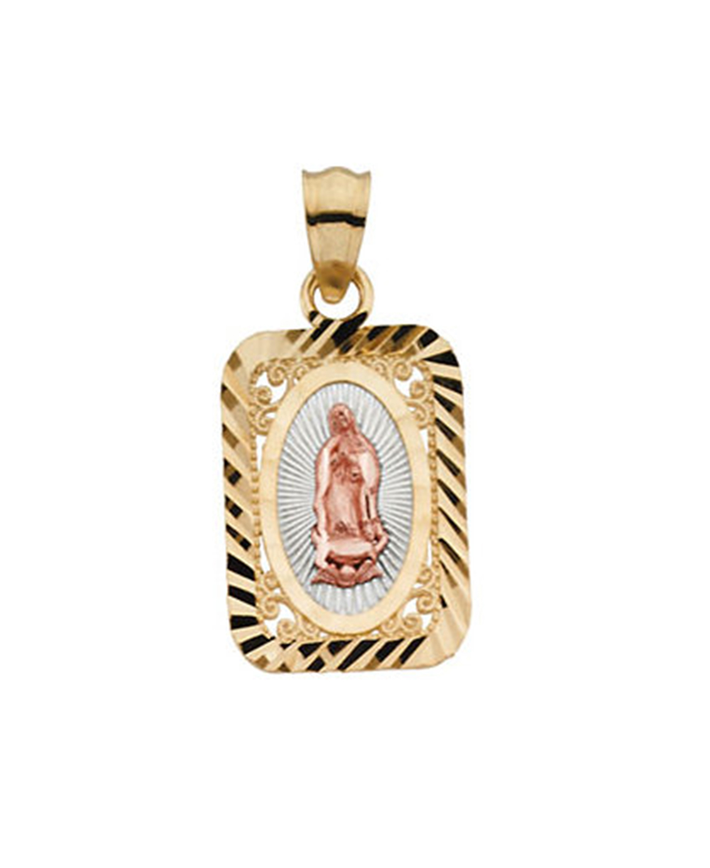 Rhodium-Plated 14k Yellow and Rose Gold Tri-Color Lady of Guadalupe Rectangle Pendant.