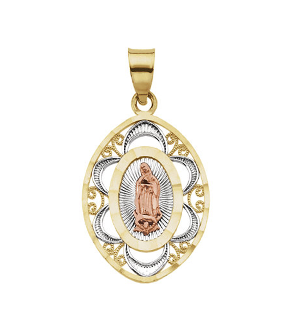 Rhodium-Plated 14k Yellow and Rose Gold Tri-Color Lady of Guadalupe Rectangle Pendant.