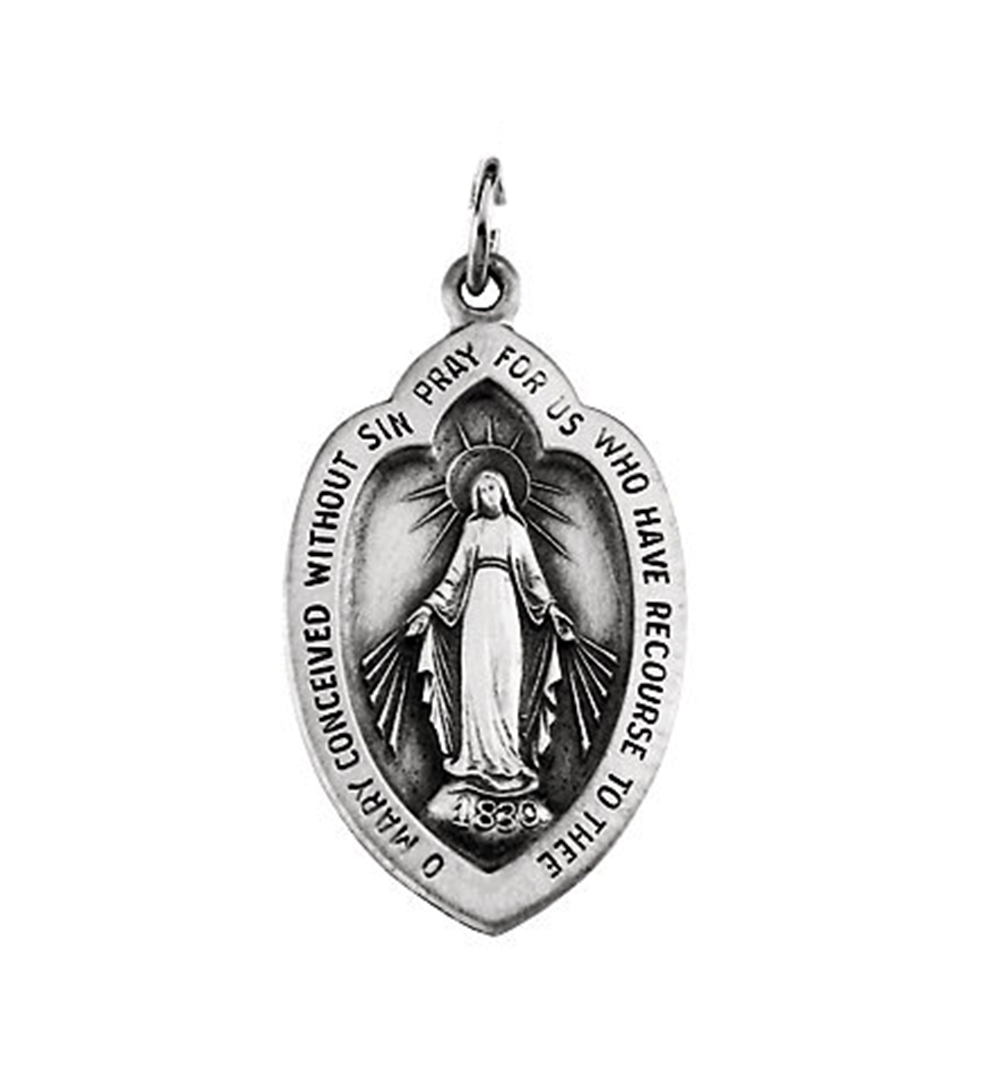 14k White Gold Badge Shaped Miraculous Medal (18x12 MM).