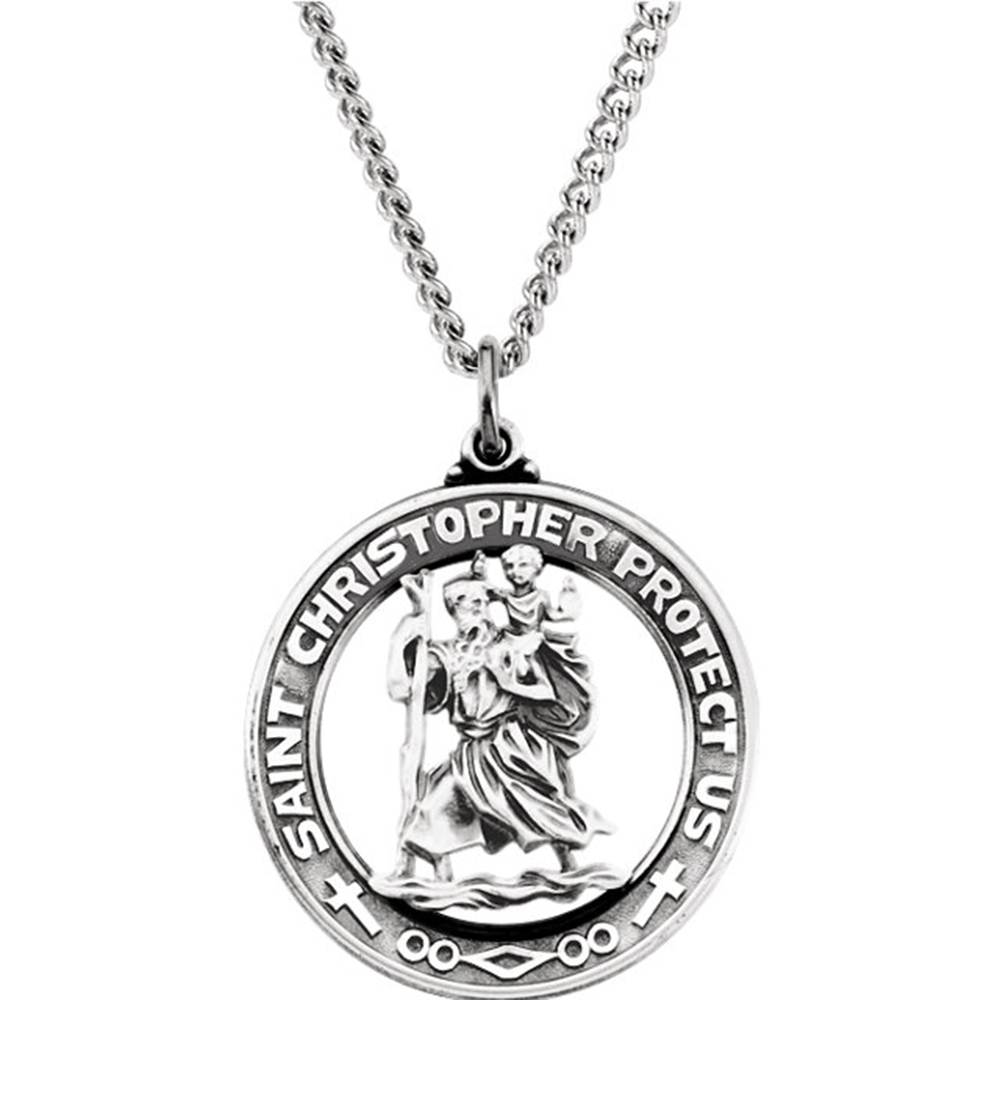 Sterling Silver St. Christopher Medal, Patron Saint of Athletes, Porters, Sailors and Travelers, Sterling Silver Necklace, 24" (29 MM).