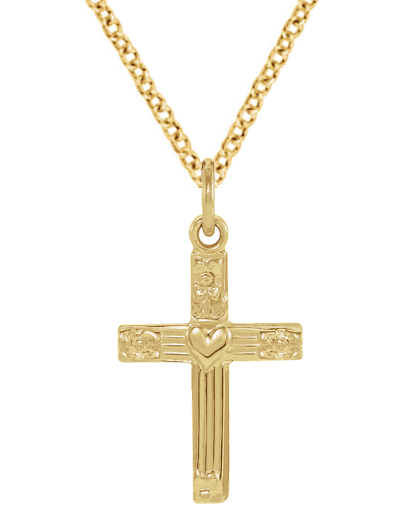 14k yellow gold heart cross pendant with yellow gold filled cable chain that is 16 inches in length.