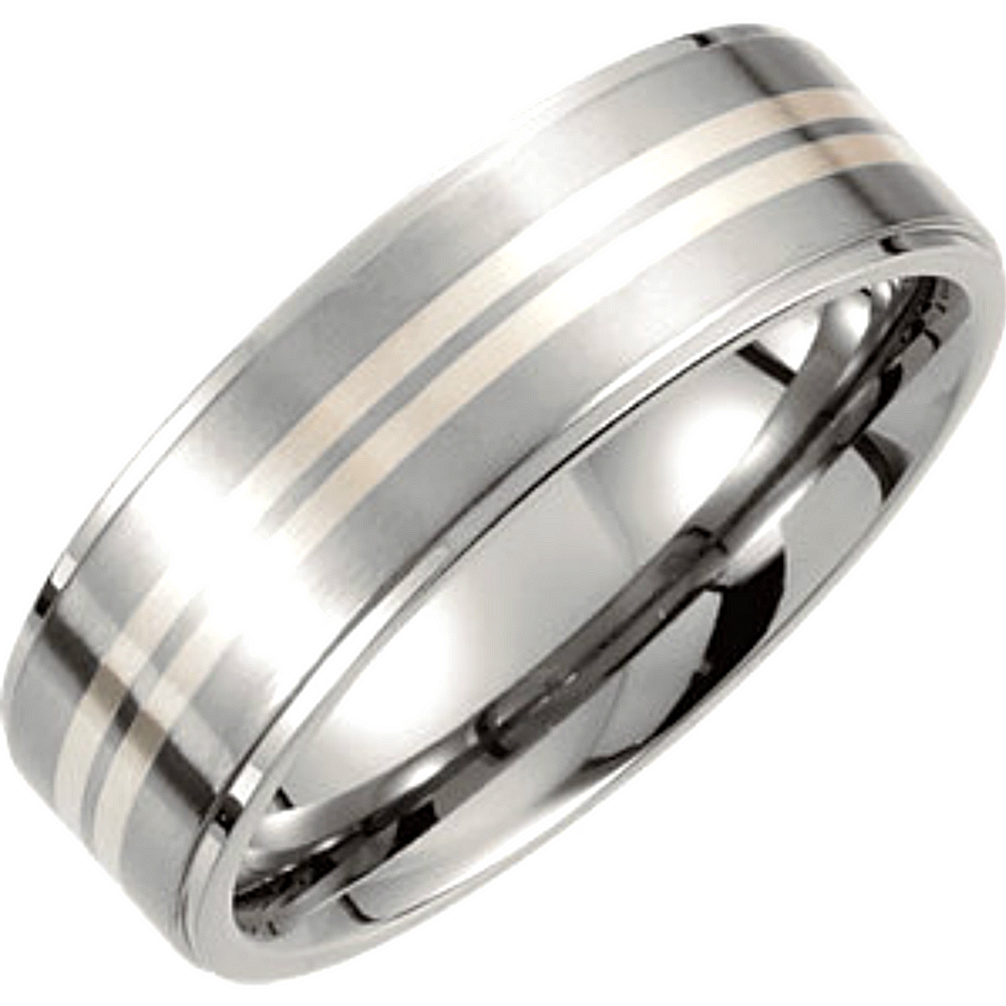 7.2mm Titanium with Sterling Silver Inlay Satin Finish Ridged Flat Band