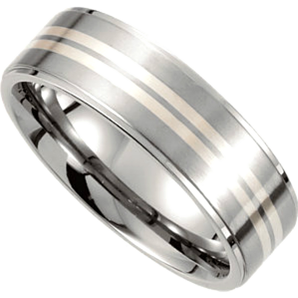 7.2mm Titanium with Sterling Silver Inlay Satin Finish Ridged Flat Band