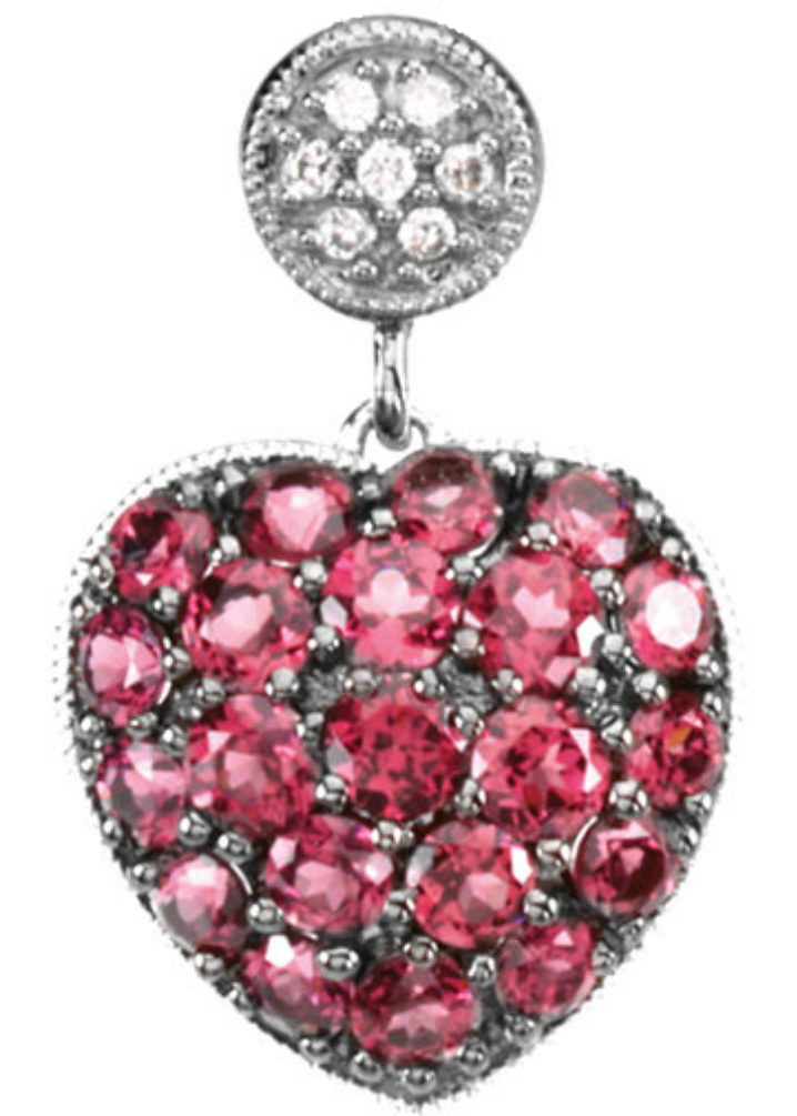 Brazilian Garnet and Diamond Heart 14k White Gold Pendant