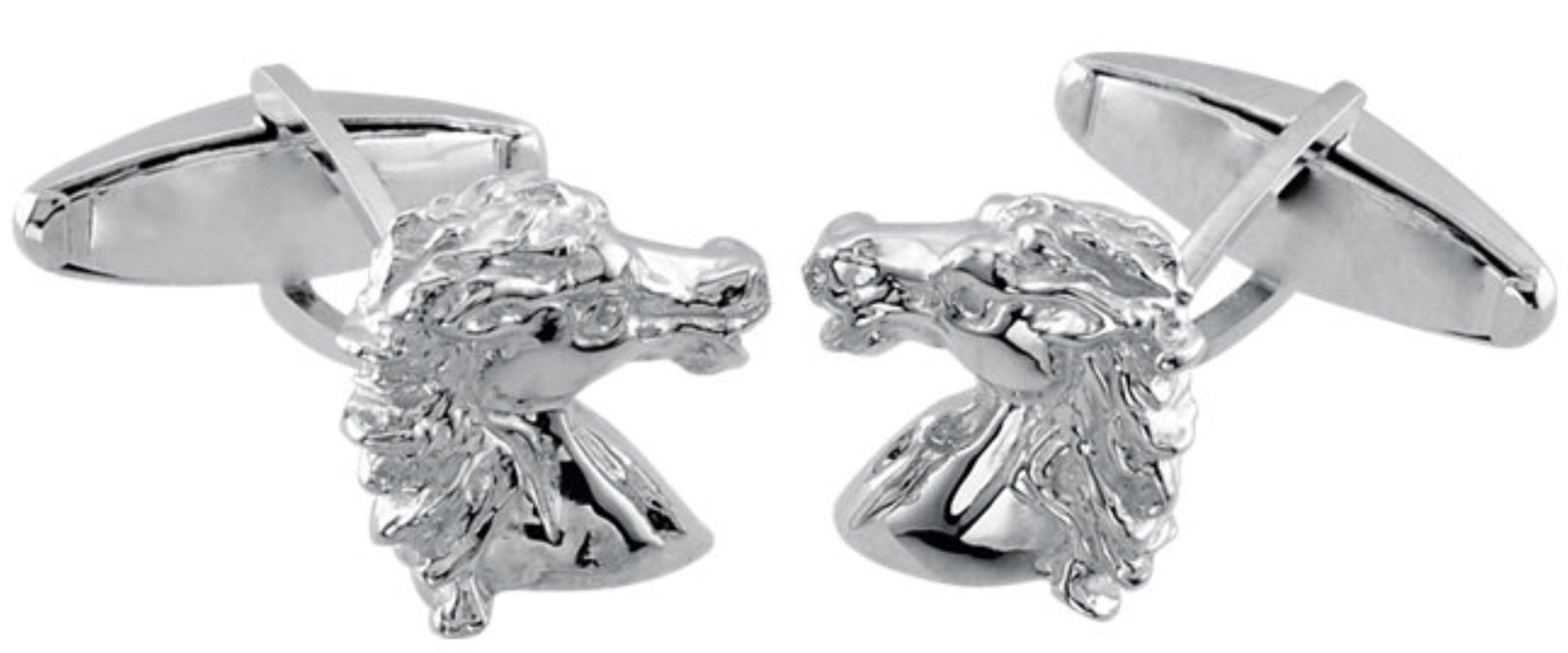 14k white gold or sterling silver horse cuff links with whale back clasps. 