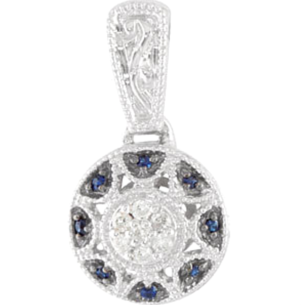 Sapphire and Diamond 14k White Gold Vintage Style Pendant