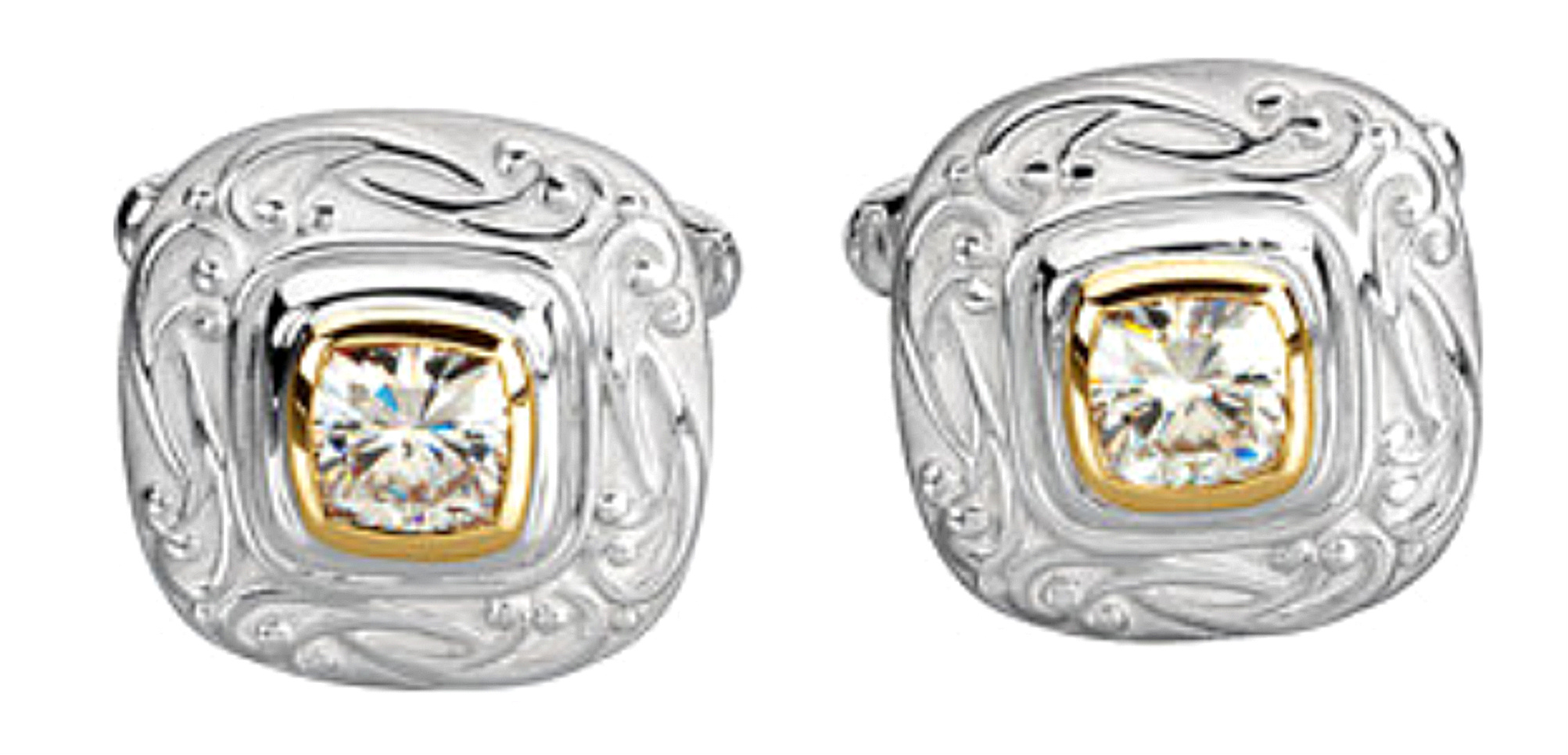 Sterling Silver, 18k Yellow Gold Diamond Cuff Links with Bullet Back Clasp. 