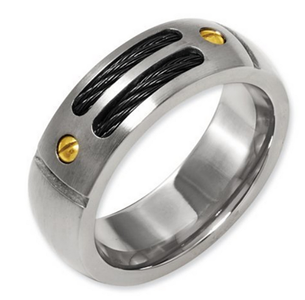 7mm 14k Yellow Gold, Titanium and Black Cable Comfort Fit Ring