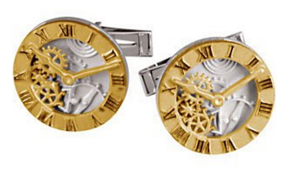 14k yellow gold and sterling silver clock and gear cogs Roman Numeral cuff links with whale back. 